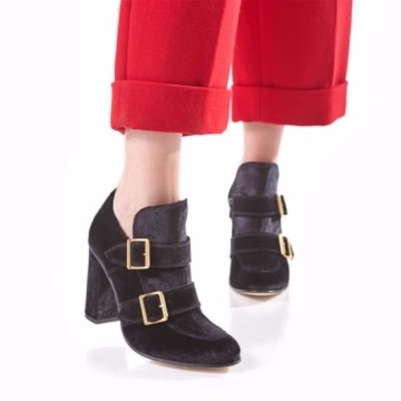 The Office Of Angela Scott Gold Buckle Boots Bootie Black Velvet Size 8.5 Goth - Picture 1 of 16